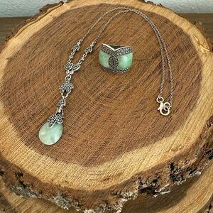 Green Jade Gemstone and Marcasite Sterling Silver Necklace and Ring Set